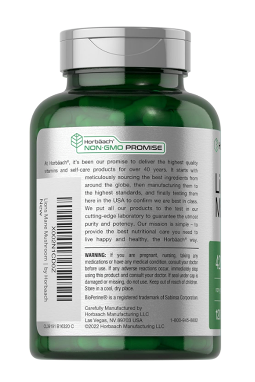 Horbäach Lions Mane Mushroom Extract  4200mg  120 Capsul Vegetarian Non-GMO Gluten Free. Usa Menşei.45.