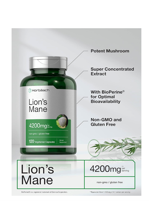 Horbäach Lions Mane Mushroom Extract  4200mg  120 Capsul Vegetarian Non-GMO Gluten Free. Usa Menşei.47.