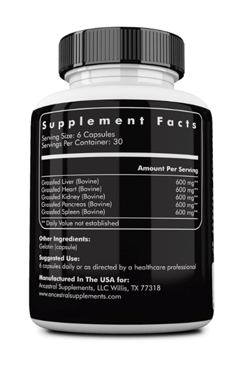 Ancestral Supplements Grass Fed Beef Organs (Desiccated) Liver,Heart,Kidney,Pancreas,Spleen 180 Capsul.Usa Menşei.4060