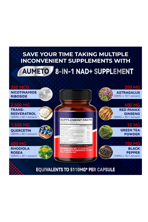AUMETO NAD+ Nicotinamide Riboside with Resveratrol Quercetin - Cellular Energy & Repair, Vitality 90 Capsul. Usa Amazon Best Seller.42.
