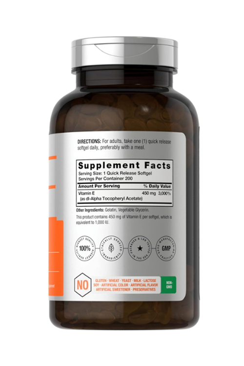 Horbäach Vitamin E 1000 IU 200 Softgel  Non-GMO, Gluten Free, Preservative Free  Vitamin E Oil. ABD MENŞEİ.3945