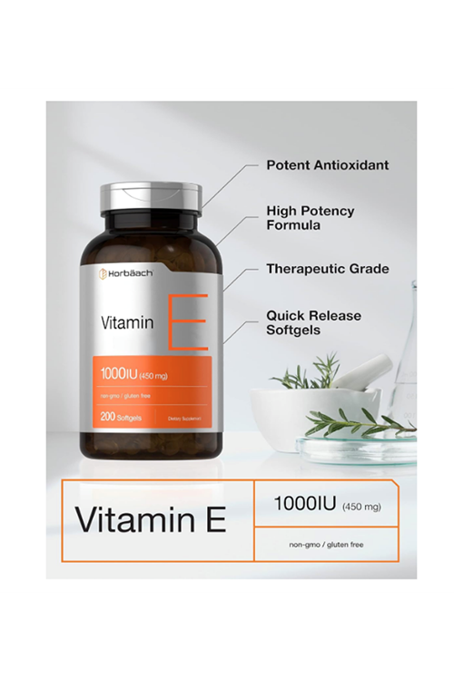 Horbäach Vitamin E 1000 IU 200 Softgel  Non-GMO, Gluten Free, Preservative Free  Vitamin E Oil. ABD MENŞEİ.3945