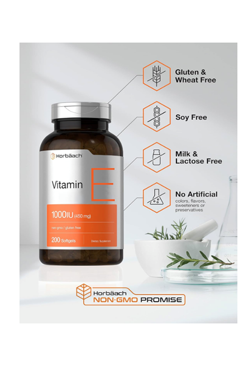 Horbäach Vitamin E 1000 IU 200 Softgel  Non-GMO, Gluten Free, Preservative Free  Vitamin E Oil. ABD MENŞEİ.3945
