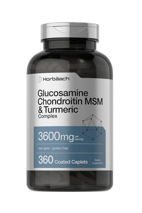 Horbäach Glucosamine Chondroitin MSM  3600mg  360 Coated Caplets  Advanced Formula with Turmeric  Non-GMO, Gluten Free.3750