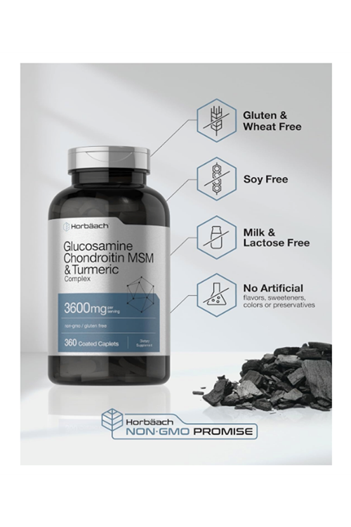 Horbäach Glucosamine Chondroitin MSM  3600mg  360 Coated Caplets  Advanced Formula with Turmeric  Non-GMO, Gluten Free.3750