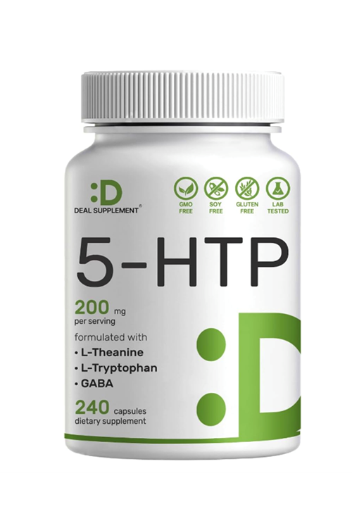 DEAL SUPPLEMENT 5-HTP 200mg  240 Capsul, 98% African Derived Griffonia Seed Extract  Plus Active L Theanine, L Tryptophan, GABA  Relaxation.Usa Menşei.4049