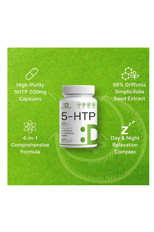 DEAL SUPPLEMENT 5-HTP 200mg  240 Capsul, 98% African Derived Griffonia Seed Extract  Plus Active L Theanine, L Tryptophan, GABA  Relaxation.Usa Menşei.4049