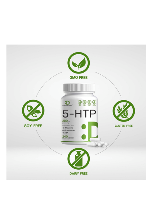 DEAL SUPPLEMENT 5-HTP 200mg  240 Capsul, 98% African Derived Griffonia Seed Extract  Plus Active L Theanine, L Tryptophan, GABA  Relaxation.Usa Menşei.4049