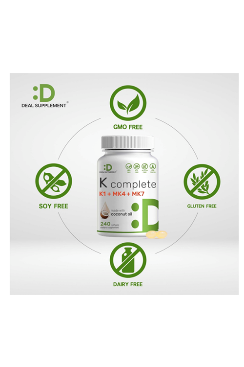 DEAL SUPPLEMENT Premium K Complete - Vitamin K1, K2 MK-7 & MK-4 Complex, 240 Coconut Oil Infused Softgels - Full Spectrum Triple Vitamin K.45.