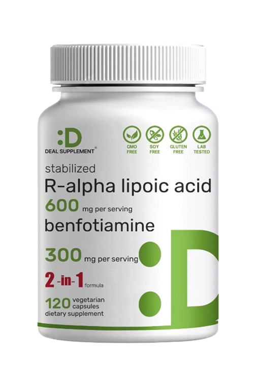 DEAL SUPPLEMENT R Alpha Lipoic Acid 600mg  Benfotiamine R-ALA 120 Veg Capsul.Usa Menşei.4057