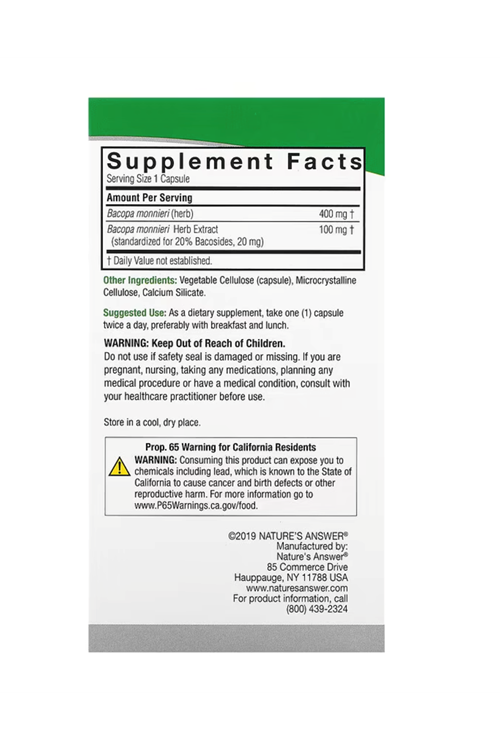 Nature's Answer  Bacopa  500mg  90 Vegetarian Capsul.Usa Menşei.45.