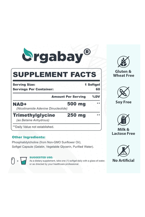 Orgabay Liposomal NAD+ Supplement 500 mg, High Absorption, Boost NAD+ with TMG 250 mg, Than Nicotinamide Riboside, Support Cellular Energy, Healthy Aging  60 Softgels.4047