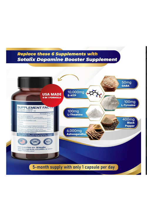 SOTALIX Dopamıne Booster 5-HTP + GABA 16,650mg With L-Theanine + L-Tyrosine - Mood & Focus, Memory & Energy, Restful Sleep Support -150 Capsul. Usa Amazon Best Seller.
