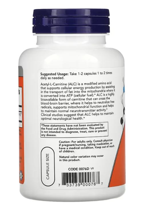 NOW Acetyl-L-Carnitine  500 mg  100 Veg Capsul. USA.46.