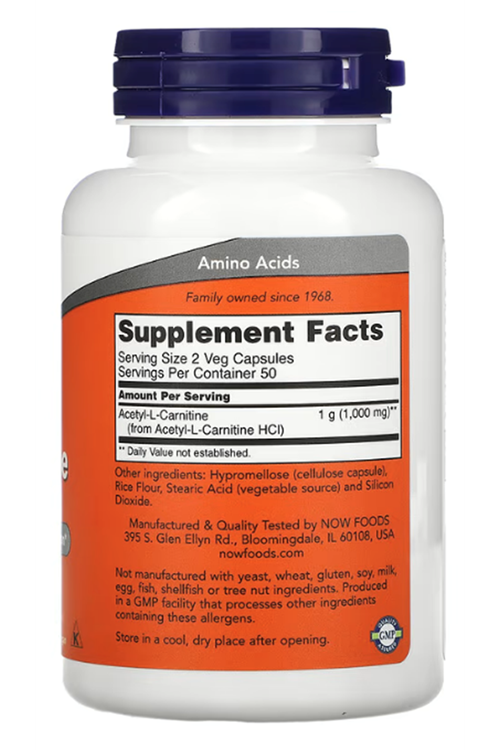 NOW Acetyl-L-Carnitine  500 mg  100 Veg Capsul. USA.46.