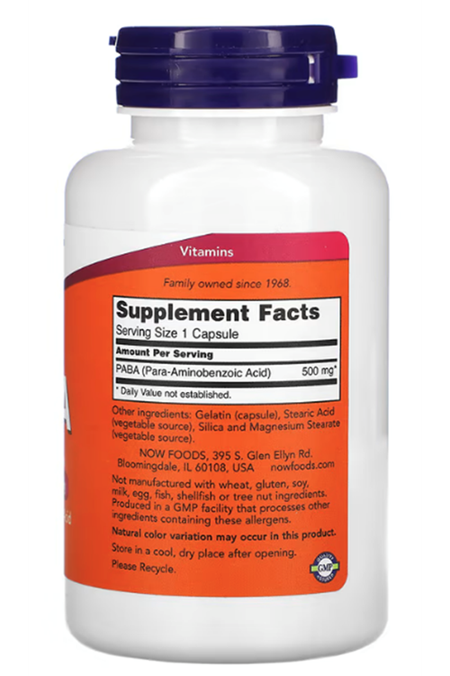 Now Foods, PABA, 500 mg, 100 Capsules. USA Menşei. 3829