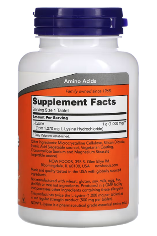 NOW Foods, Double Strength L-Lysine, 1,000 mg, 100 Tablet. Usa Menşei.30.