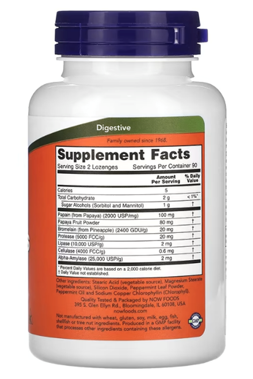 NOW Foods, Chewable Papaya Enzymes, Digestive Support 180 Lozenges. USA Menşei.35.