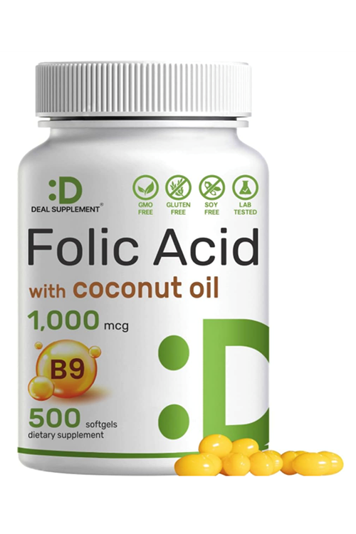 DEAL SUPPLEMENT Folic Acid 1000 mcg (1 mg), 500 Coconut Oil Softgels  Bioavailable Prenatal (Vitamin B9). Usa Menşei.3844