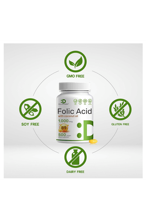 DEAL SUPPLEMENT Folic Acid 1000 mcg (1 mg), 500 Coconut Oil Softgels  Bioavailable Prenatal (Vitamin B9). Usa Menşei.3844