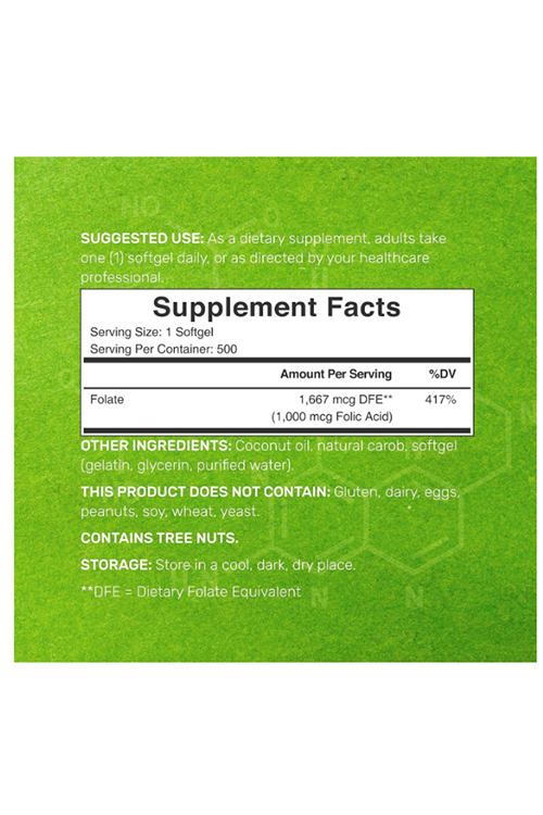 DEAL SUPPLEMENT Folic Acid 1000 mcg (1 mg), 500 Coconut Oil Softgels  Bioavailable Prenatal (Vitamin B9). Usa Menşei.3844