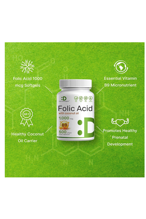 DEAL SUPPLEMENT Folic Acid 1000 mcg (1 mg), 500 Coconut Oil Softgels  Bioavailable Prenatal (Vitamin B9). Usa Menşei.3844