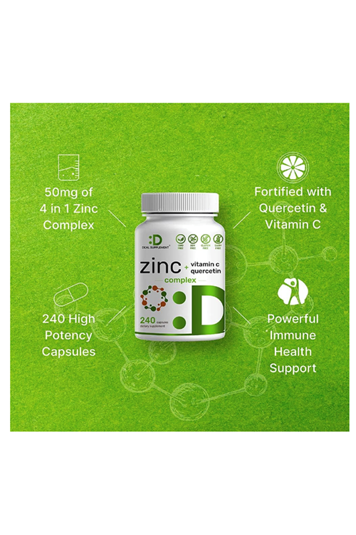DEAL SUPPLEMENT Zinc + Quercetin 500mg with Vitamin C, 240 Capsules, 4-1 Zinc 50mg Complex with 95% Quercetin.Usa Menşei. 3947
