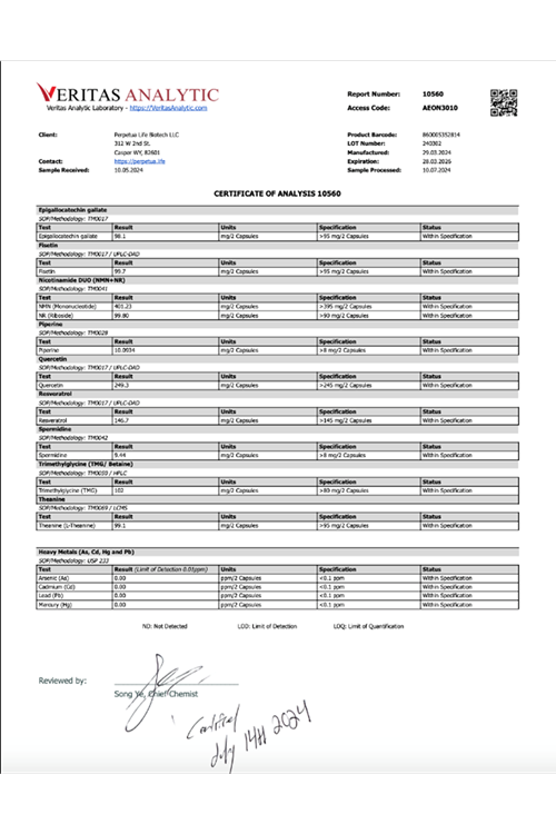 PERPETUA.LIFE  Anti-Aging  NAD+ Complex AEON with Nicotinamide DUO™, Fisetin, Quercetin, Resveratrol, TMG, Spermidine, Astragalus, L-Theanine 60 Capsul.ABD Menşei.77.