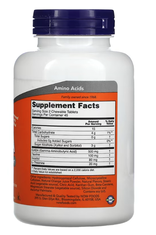 NOW  Chewable GA.BA Taurine - Inositol - L-Theanine  Natural Orange Flavor 90 Chewable.Orıjınal Amerikan.