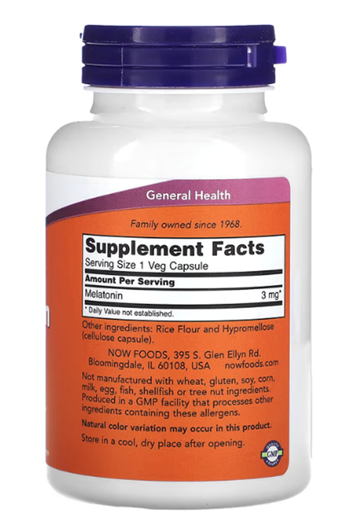 NOW Foods Mela tonın 3 mg 180 Veg Capsul. Usa Menşei.3930.