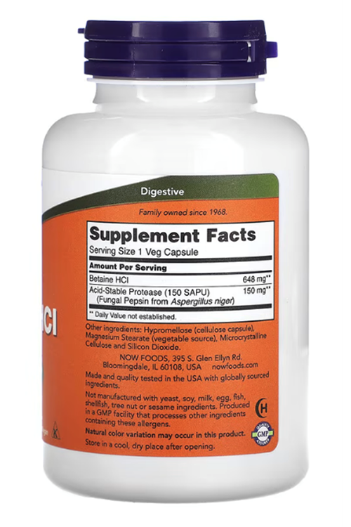 NOW Betaine HCL 648 mg 120 Veggie Capsul. USA Menşei. 3941