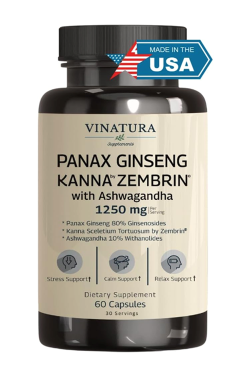 VINATURA Kanna Zembrin  Panax Ginseng  Asvaganda *Brain Health, Stress Relief Support* 60 Caps.Usa Menşei.4052