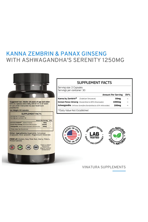 VINATURA Kanna Zembrin  Panax Ginseng  Asvaganda *Brain Health, Stress Relief Support* 60 Caps.Usa Menşei.4052
