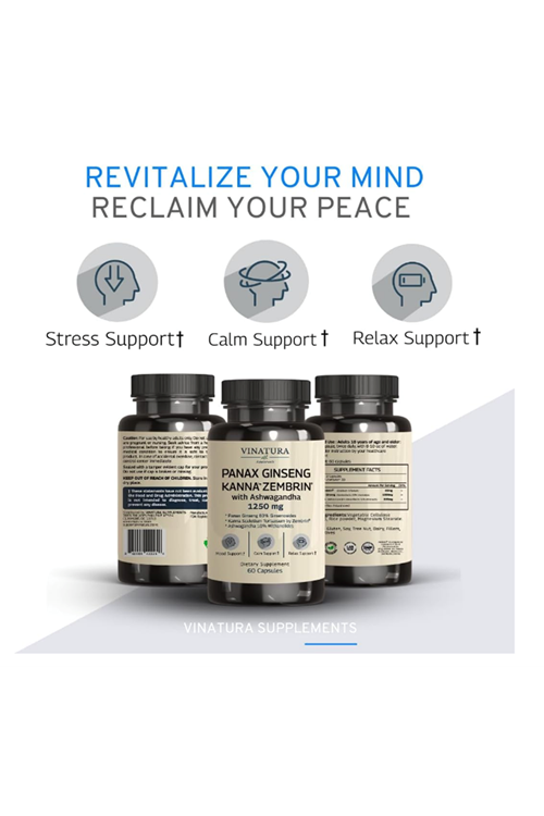 VINATURA Kanna Zembrin  Panax Ginseng  Asvaganda *Brain Health, Stress Relief Support* 60 Caps.Usa Menşei.4052