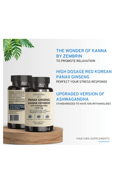 VINATURA Kanna Zembrin  Panax Ginseng  Asvaganda *Brain Health, Stress Relief Support* 60 Caps.Usa Menşei.4052
