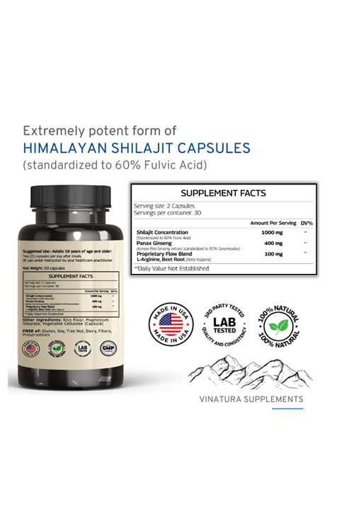 VINATURA Shilajit Pure Himalayan Korean Red Panax Ginseng,L-Arginine Beet Root 1500mg 60 Caps.Usa Menşei.4152