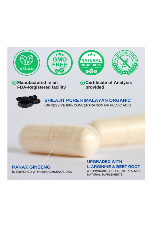 VINATURA Shilajit Pure Himalayan Korean Red Panax Ginseng,L-Arginine Beet Root 1500mg 60 Caps.Usa Menşei.4152