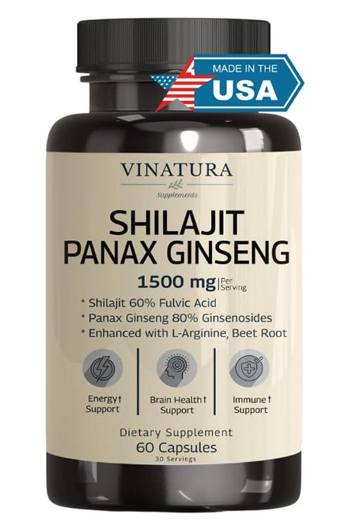 VINATURA Shilajit Pure Himalayan Korean Red Panax Ginseng,L-Arginine Beet Root 1500mg 60 Caps.Usa Menşei.4152