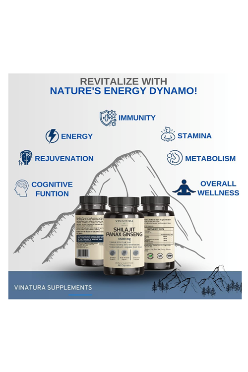 VINATURA Shilajit Pure Himalayan Korean Red Panax Ginseng,L-Arginine Beet Root 1500mg 60 Caps.Usa Menşei.4152