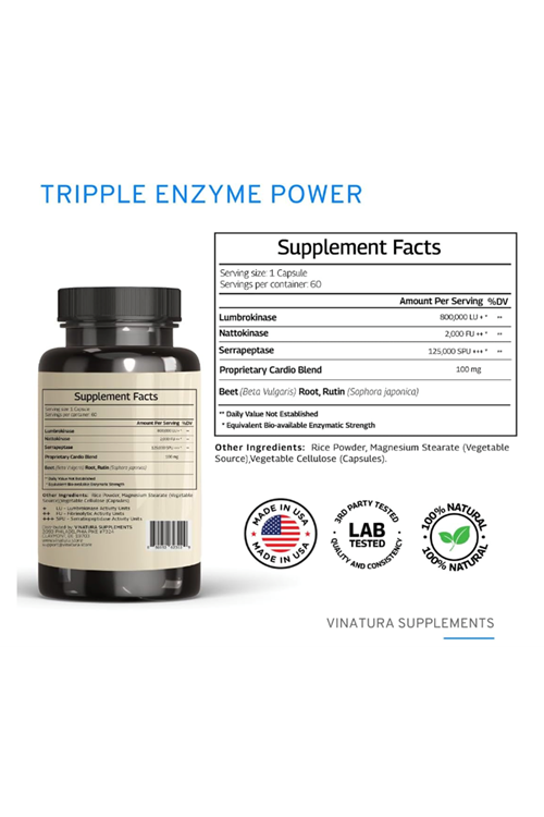 VINATURA Lumbrokinase, Nattokinase, Serrapeptase (Natto-Serra) 60 Caps. Usa Menşei..54.