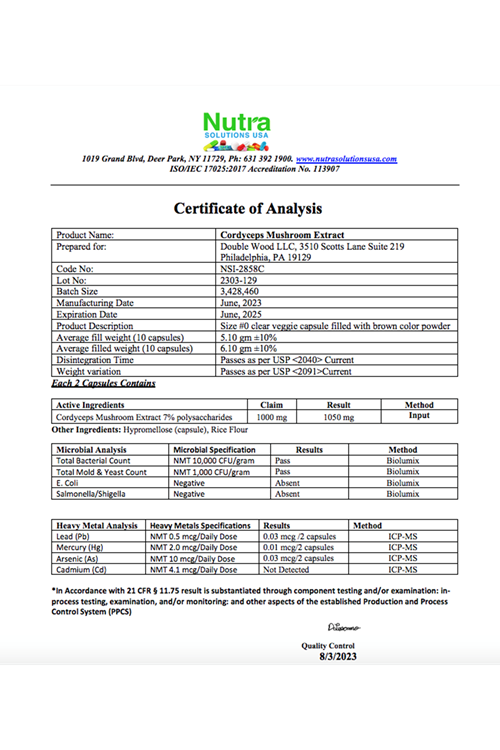 DoubleWood  Cordyceps Mushroom Extract 1000mg 210 Capsul..39.