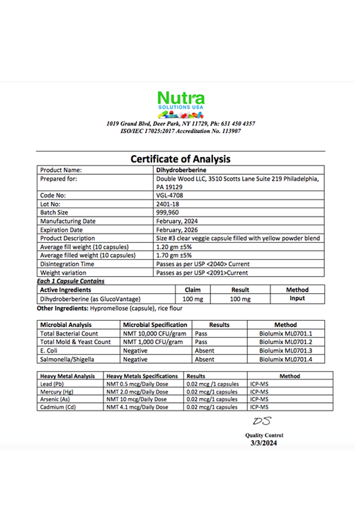 Double Wood Dihydroberberine 100mg, 60 Capsul. Abd.40.