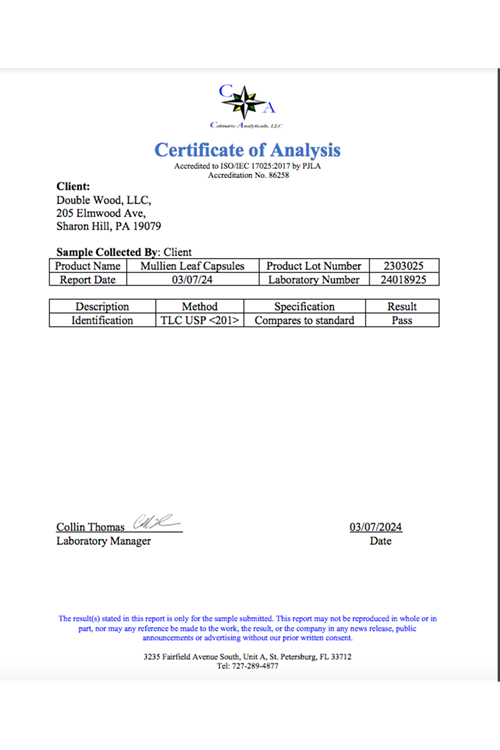 Double Wood Mullein Leaf 1000mg 180 Veg Capsul.ABD MENŞEİ 4039