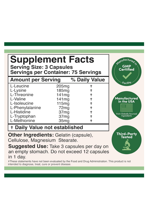Double Wood Essential Amino Acids - 9 Essential Aminos (EAA) and All Branched-Chain Aminos (BCAAs) (Leucine, Isoleucine, Valine) 225 Capsul.39.