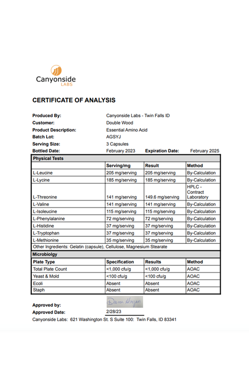 Double Wood Essential Amino Acids - 9 Essential Aminos (EAA) and All Branched-Chain Aminos (BCAAs) (Leucine, Isoleucine, Valine) 225 Capsul.39.