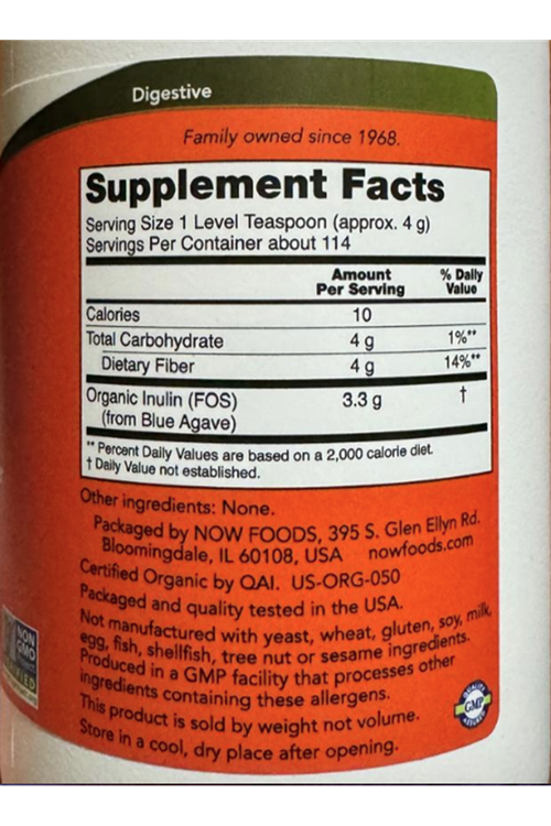 NOW Foods  Organic Inulin Prebiotic Pure Powder 454gr.Orj Usa.44.