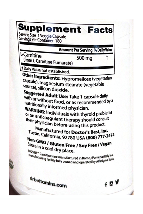 Doctor's Best, L-Carnitine Biosint Fumarate, 180 Veggie Capsul.Made ın Usa.