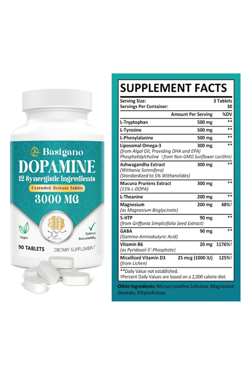 Basigano Natural Dopamine Supplement for Energy, Focus, Motivation, Mental Alertness, Mood, and Stress - Non-GMO, Gluten-Free - 90 Tablet.Made ın Usa.3939