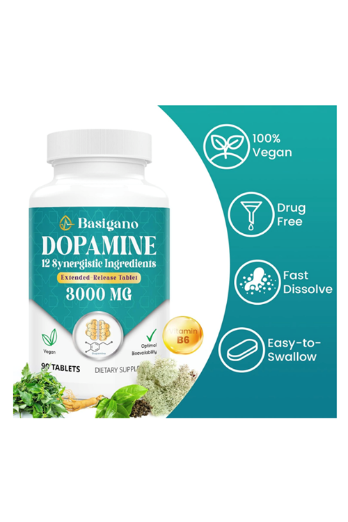 Basigano Natural Dopamine Supplement for Energy, Focus, Motivation, Mental Alertness, Mood, and Stress - Non-GMO, Gluten-Free - 90 Tablet.Made ın Usa.3939