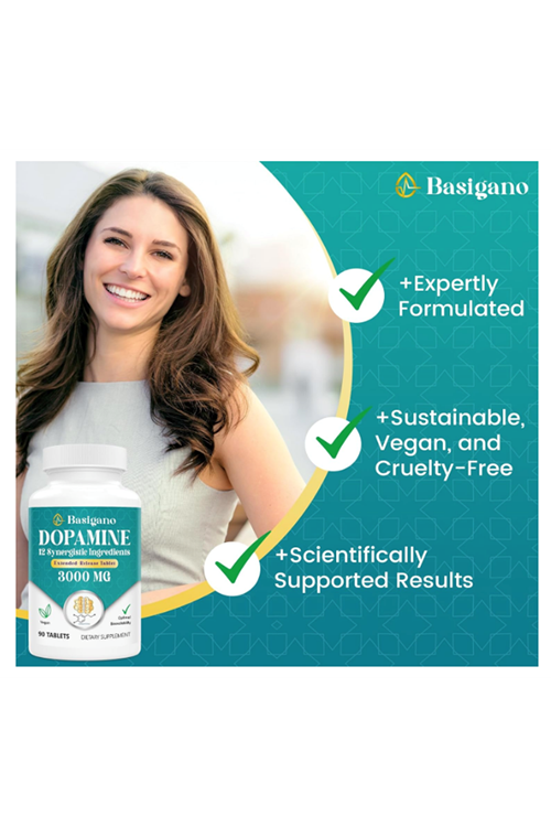 Basigano Natural Dopamine Supplement for Energy, Focus, Motivation, Mental Alertness, Mood, and Stress - Non-GMO, Gluten-Free - 90 Tablet.Made ın Usa.3939